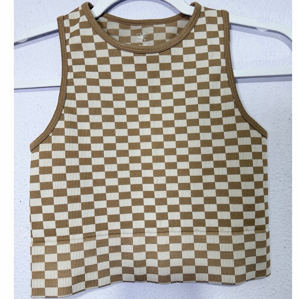 Aura Tank Top‎ Brown Checker Ribbed Crop M Retro Boho Streetwear Y2K Aesthetic